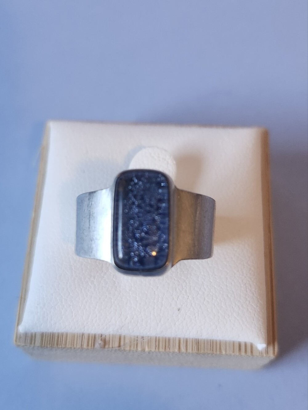 Rare Dichroic Blue Glass Sparkle 925 Sterling Silver Ring Sz 7.25 Wide Cuff Band